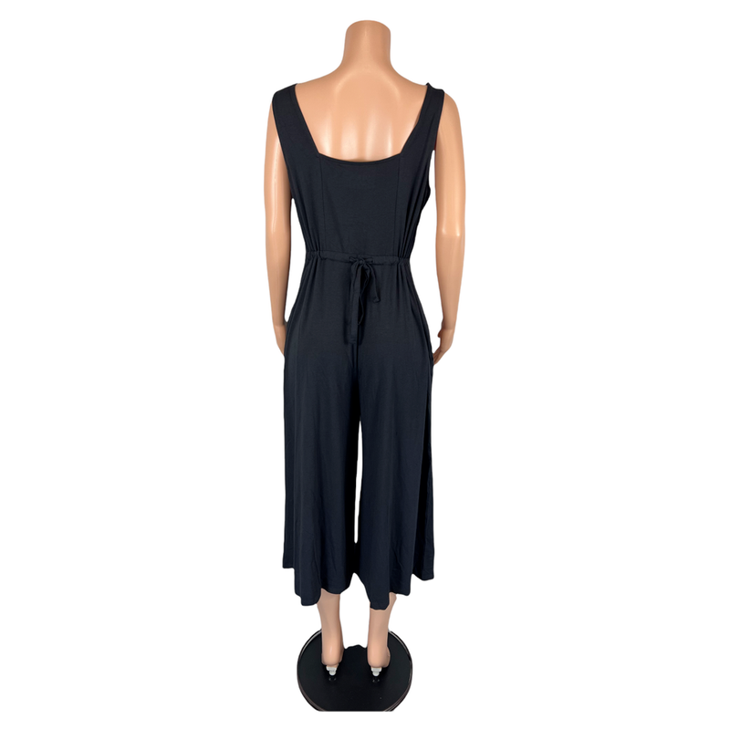 L T AnyBody Loungewear Cozy Knit Wide Leg Jumpsuit Back Tie Black Large TALL