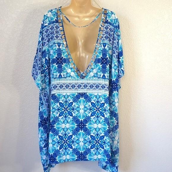La Blanca Size L/XL Cover Up True Blue Caftan Tunic Kaleidoscope Print