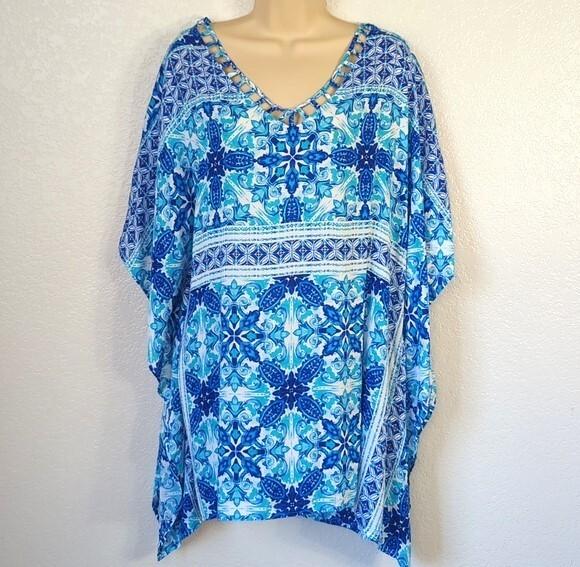 La Blanca Size L/XL Cover Up True Blue Caftan Tunic Kaleidoscope Print