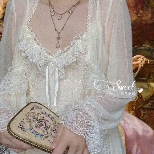 Lace Retro Nightgown French Court Ultra-thin Nightdress Dressing Gown V Neck