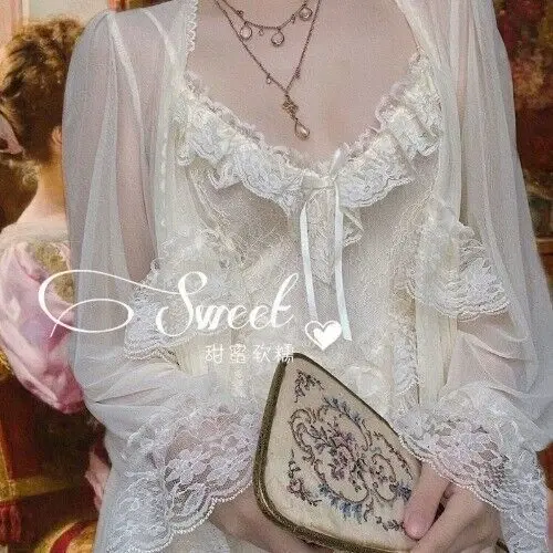 Lace Retro Nightgown French Court Ultra-thin Nightdress Dressing Gown V Neck