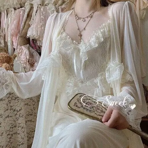 Lace Retro Nightgown French Court Ultra-thin Nightdress Dressing Gown V Neck