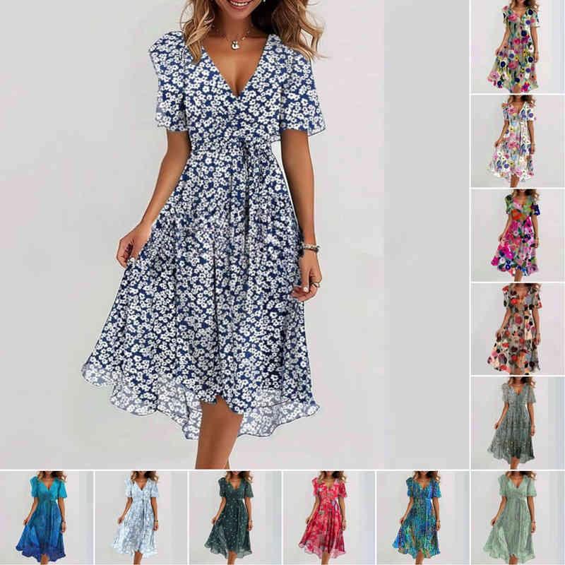 Ladies Boho V-Neck Wrap Floral Print Summer Women's Holiday Long Dress PLUS SIZE