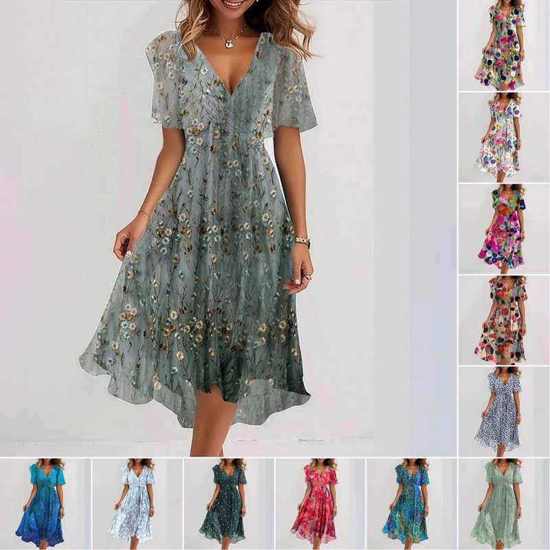 Ladies Boho V-Neck Wrap Floral Print Summer Women's Holiday Long Dress PLUS SIZE