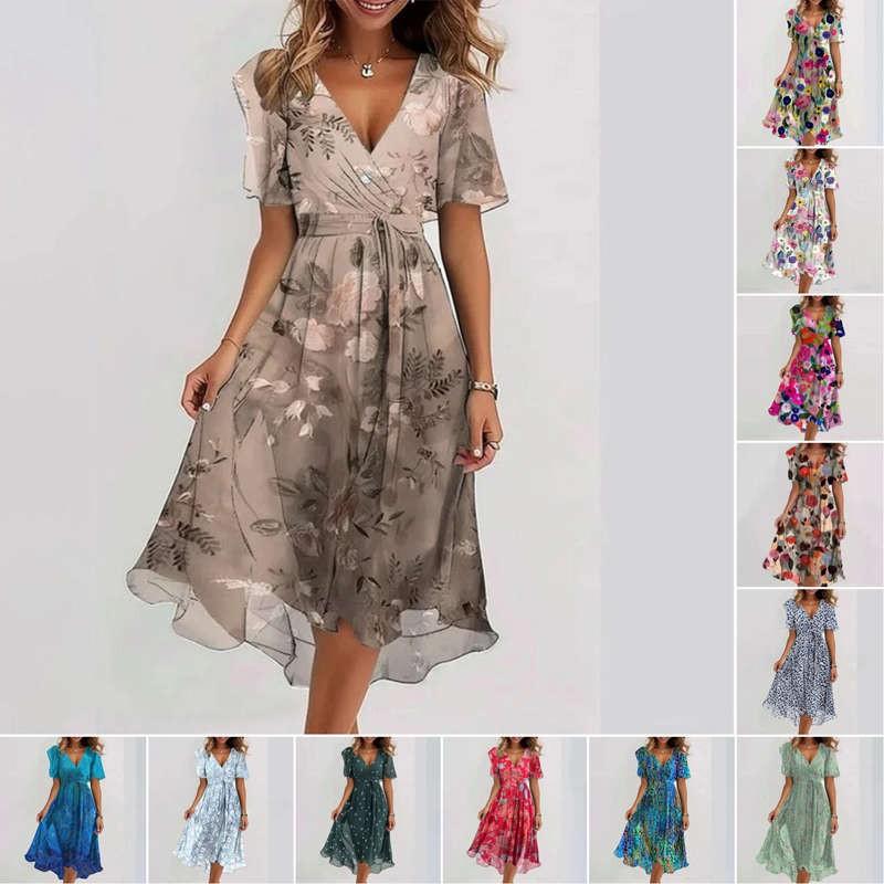 Ladies Boho V-Neck Wrap Floral Print Summer Women's Holiday Long Dress PLUS SIZE