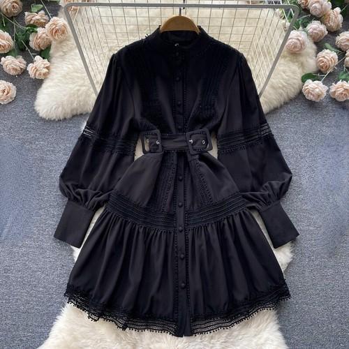 Ladies Elegant Fashion Work Casual Lace Dress With Belt Long Puff Sleeve Button