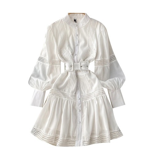 Ladies Elegant Fashion Work Casual Lace Dress With Belt Long Puff Sleeve Button