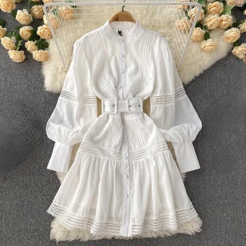 Ladies Elegant Fashion Work Casual Lace Dress with Belt Long Puff Sleeve Button