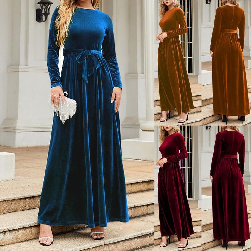 Ladies Party Maxi Dress Womens Long Sleeve Velvet Evening Prom XMAS Plus Size в