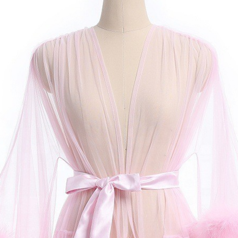 Ladies Plush Faux Fur Trim Pyjama Gown Mesh Tulle Sheer Belted Loungewear Erotic