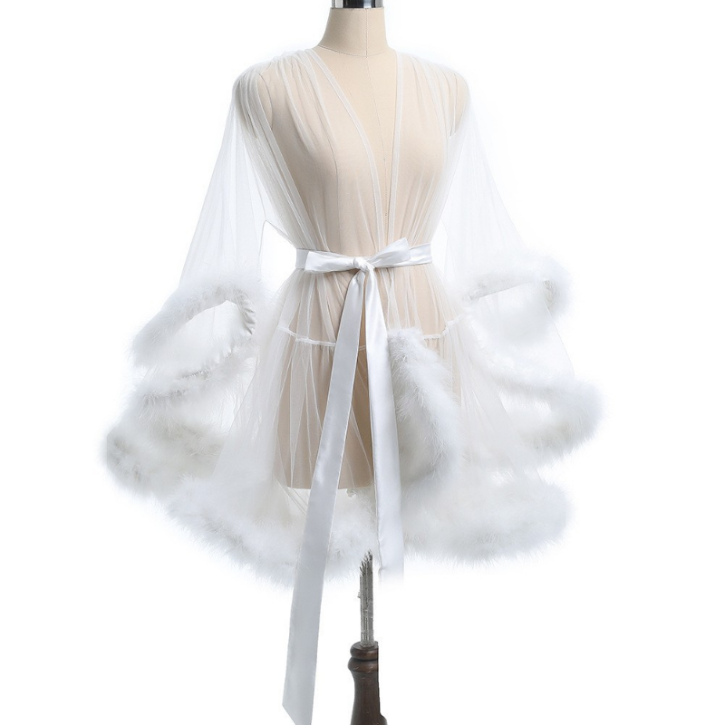 Ladies Plush Faux Fur Trim Pyjama Gown Mesh Tulle Sheer Belted Loungewear Erotic