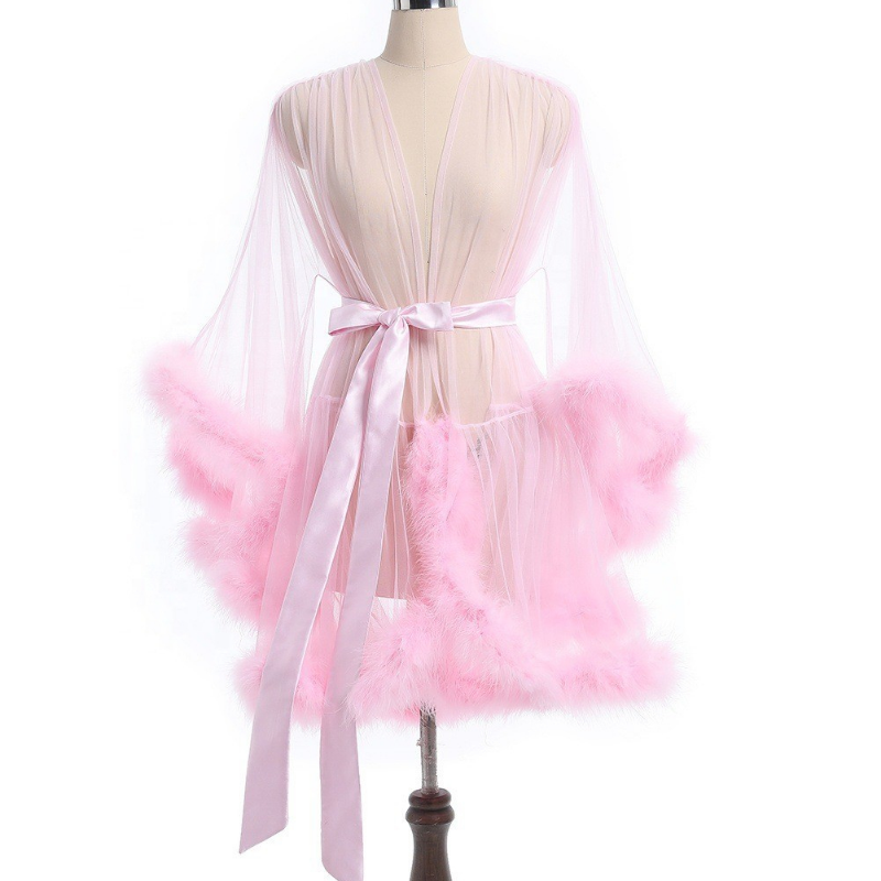 Ladies Plush Faux Fur Trim Pyjama Gown Mesh Tulle Sheer Belted Loungewear Erotic