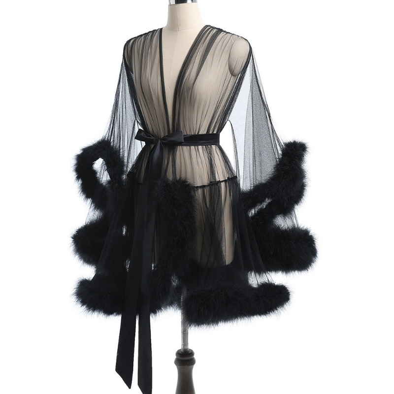 Ladies Plush Faux Fur Trim Pyjama Gown Mesh Tulle Sheer Belted Loungewear Erotic