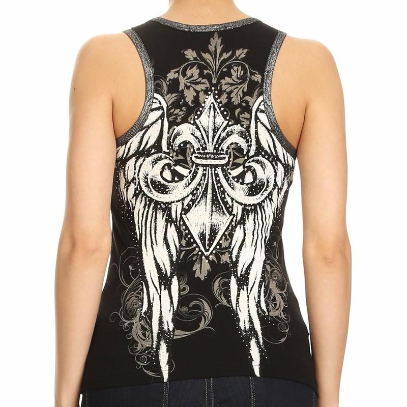 Ladies Rhinestone Fleur De Lis Biker Bling Rhinestone Zip Up Tank Top