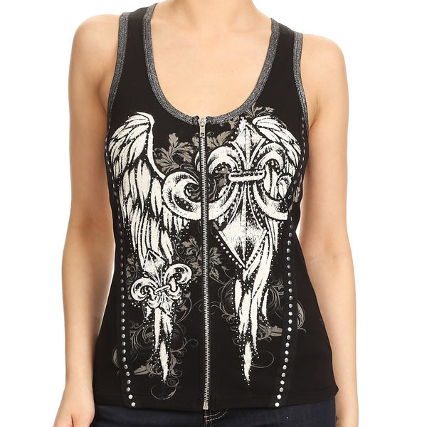 Ladies Rhinestone Fleur De Lis Biker Bling Rhinestone Zip Up Tank Top