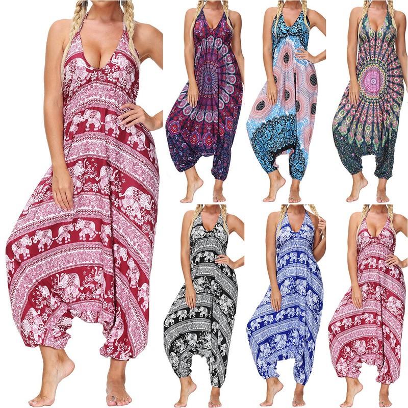 Lady Boho Floral Strappy Baggy Hippy Harem Jumpsuit Drop Crotch Romper Playsuit