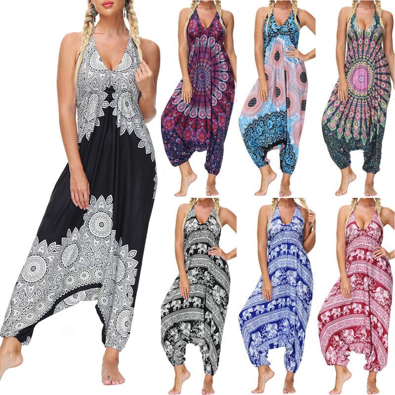 Lady Boho Floral Strappy Baggy Hippy Harem Jumpsuit Drop Crotch Romper Playsuit