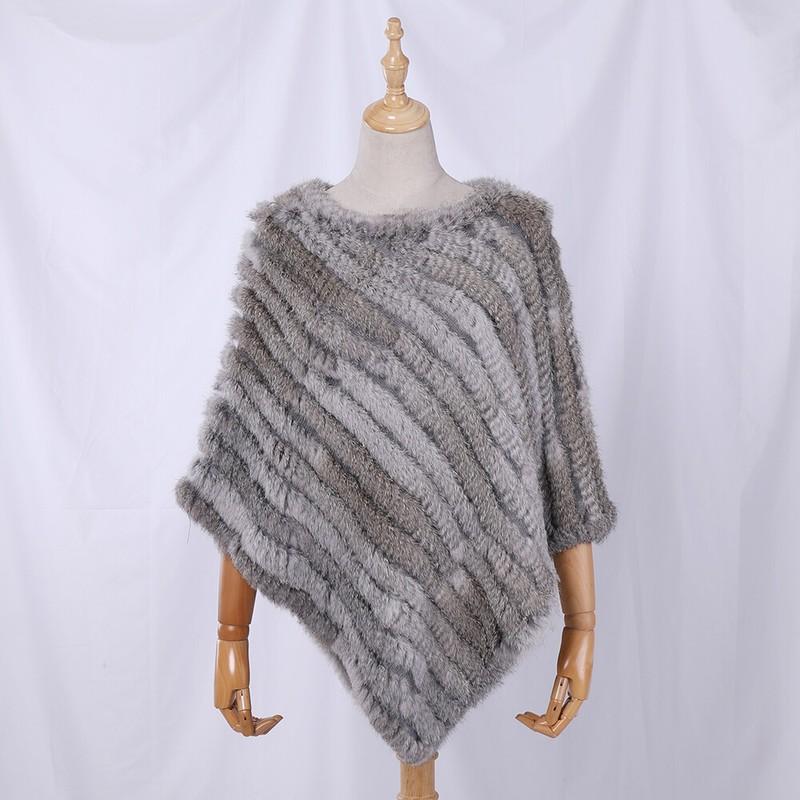 Lady Real Rabbit Fur Poncho Women Fashion Knitted Shawl Natural Fur Top Pullover
