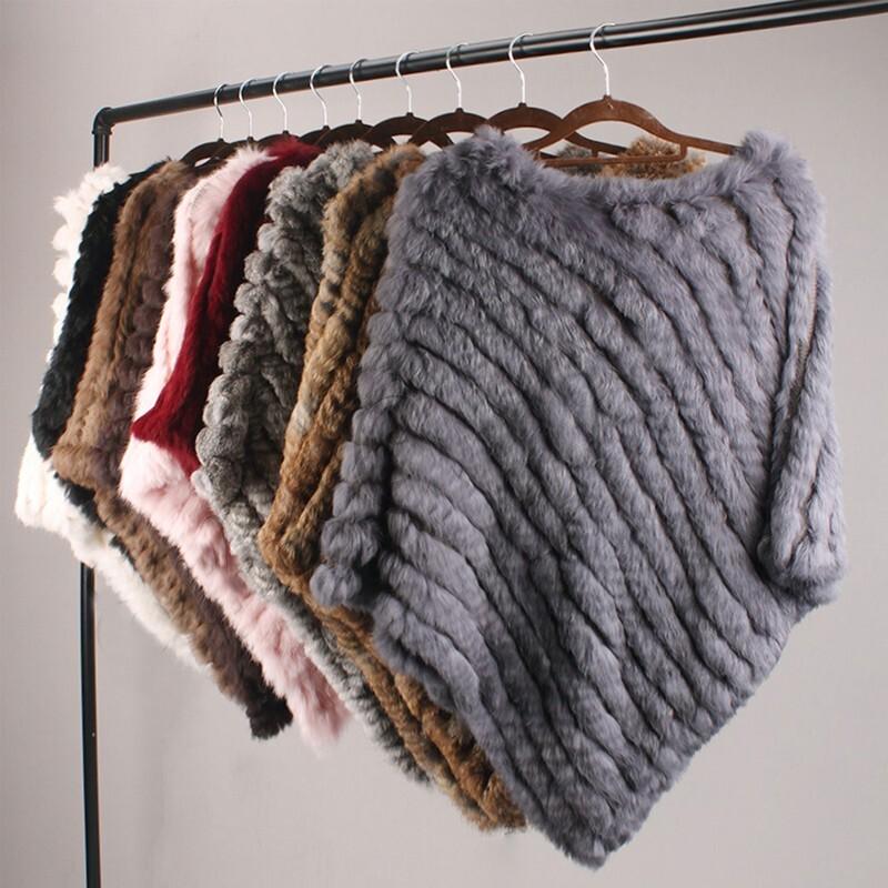 Lady Real Rabbit Fur Poncho Women Fashion Knitted Shawl Natural Fur Top Pullover