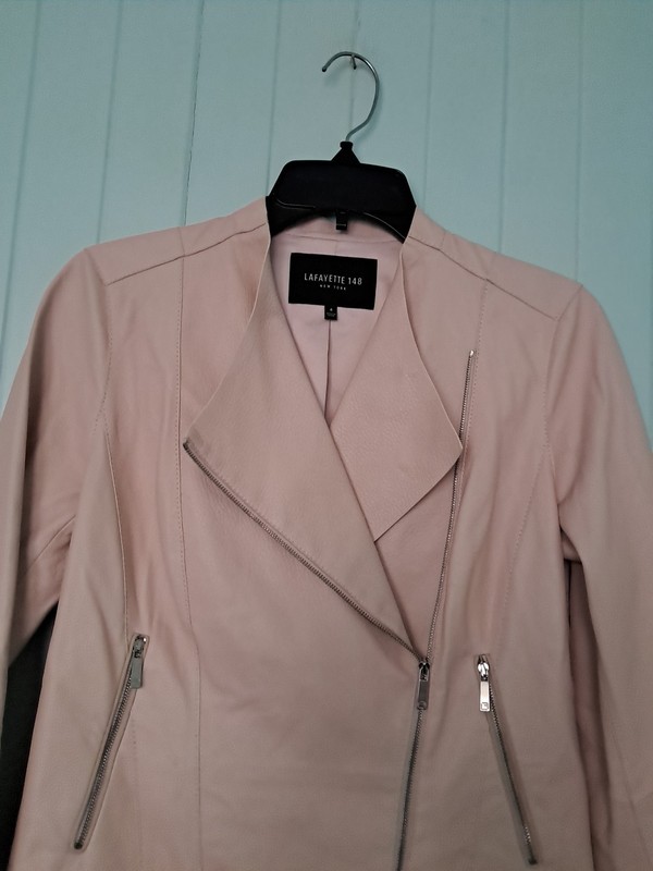 Lafayette 148 Lambskin Leather Moto Biker Jacket Sz 4 Blush Pink Cropped