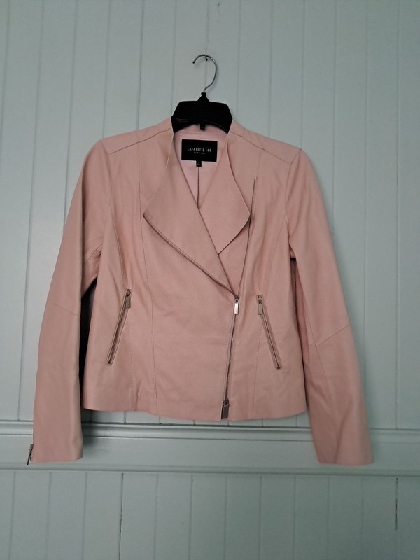 Lafayette 148 Lambskin Leather Moto Biker Jacket Sz 4 Blush Pink Cropped