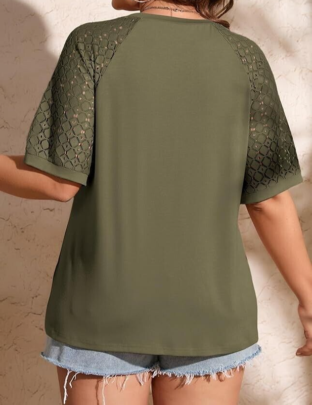 LALAGEN Women's Plus Size T Shirts Trendy Lace Short Sleeve Crewneck Blouse 4XL