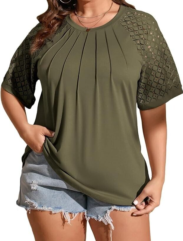 LALAGEN Women's Plus Size T Shirts Trendy Lace Short Sleeve Crewneck Blouse 4XL