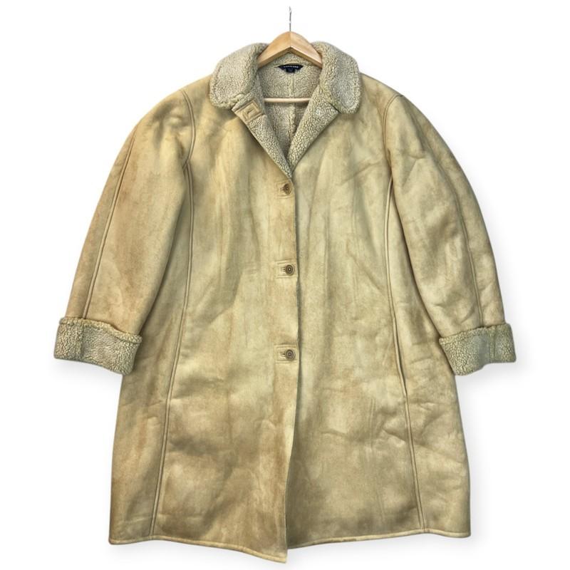 Land’s End Womens Long Coat Brown Faux Leather Sherpa Button Boho Western Sz 2x