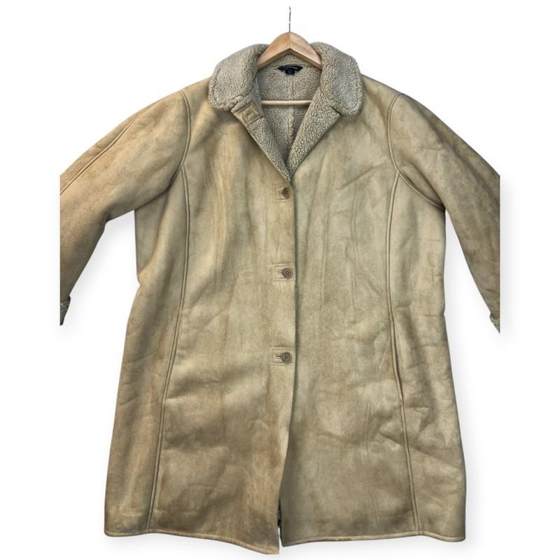 Land’s End Womens Long Coat Brown Faux Leather Sherpa Button Boho Western Sz 2x