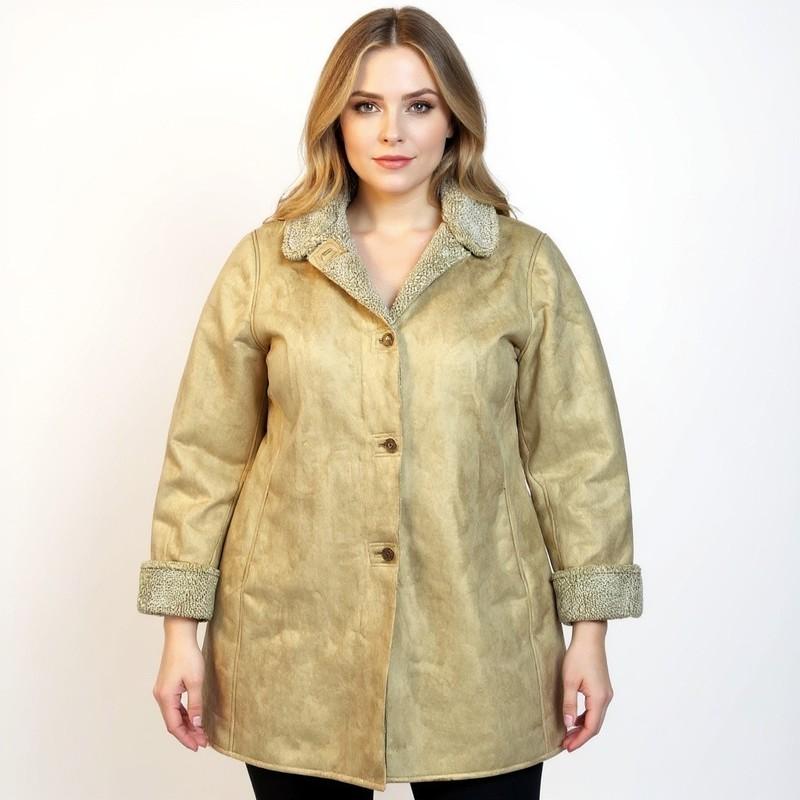 Land’s End Womens Long Coat Brown Faux Leather Sherpa Button Boho Western Sz 2x