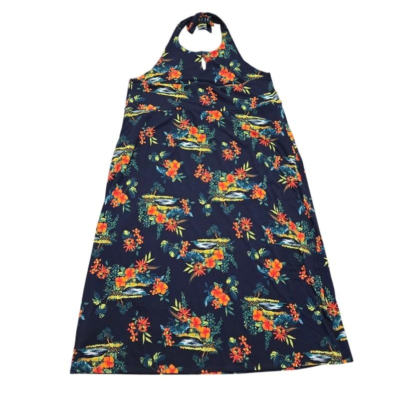 Lands End 2X Tencel Stretchy Open Back Floral Halter Maxi Dress - Navy And Red