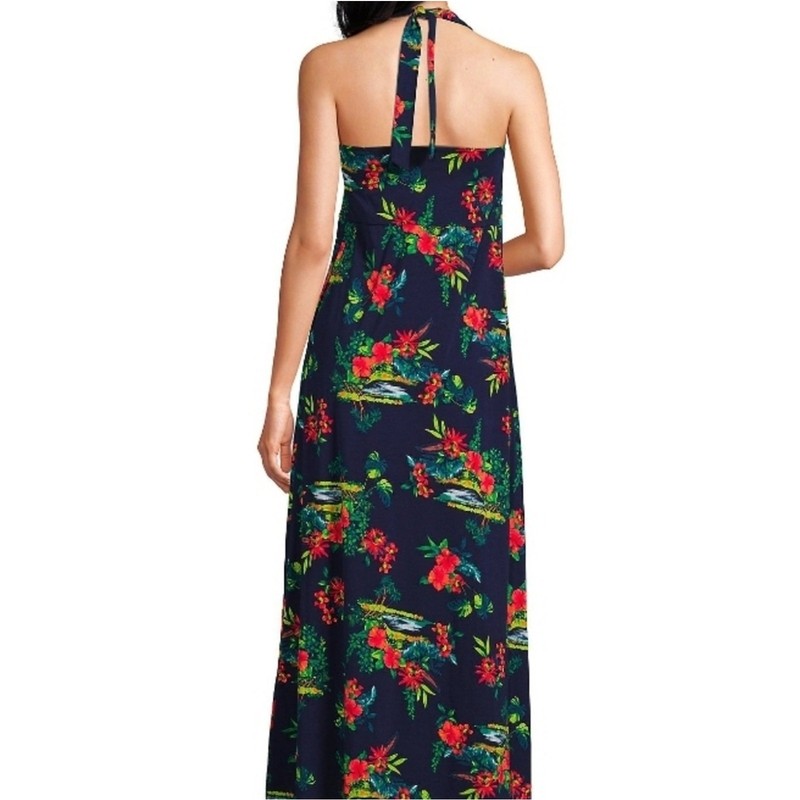 Lands End 2X Tencel Stretchy Open Back Floral Halter Maxi Dress - Navy And Red