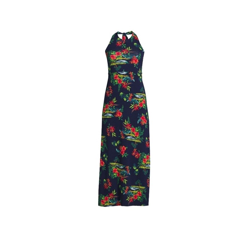 Lands End 2X tencel Stretchy Open Back Floral Halter Maxi Dress - Navy and Red