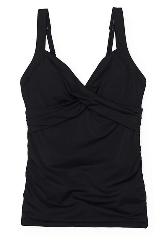 LANDS END Black V-Neck Wrap Tankini Swimsuit Top Womens 6 NEW