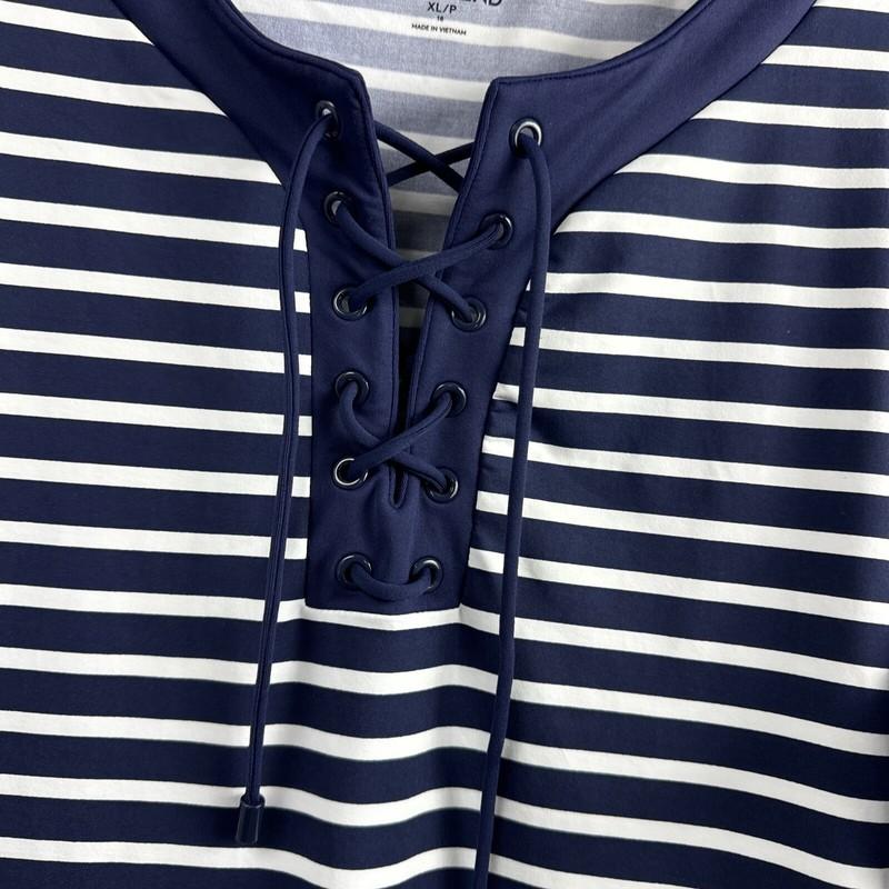 Lands End Dress Women's Shift Navy White Striped Lace Up Nautical Size XL Petite