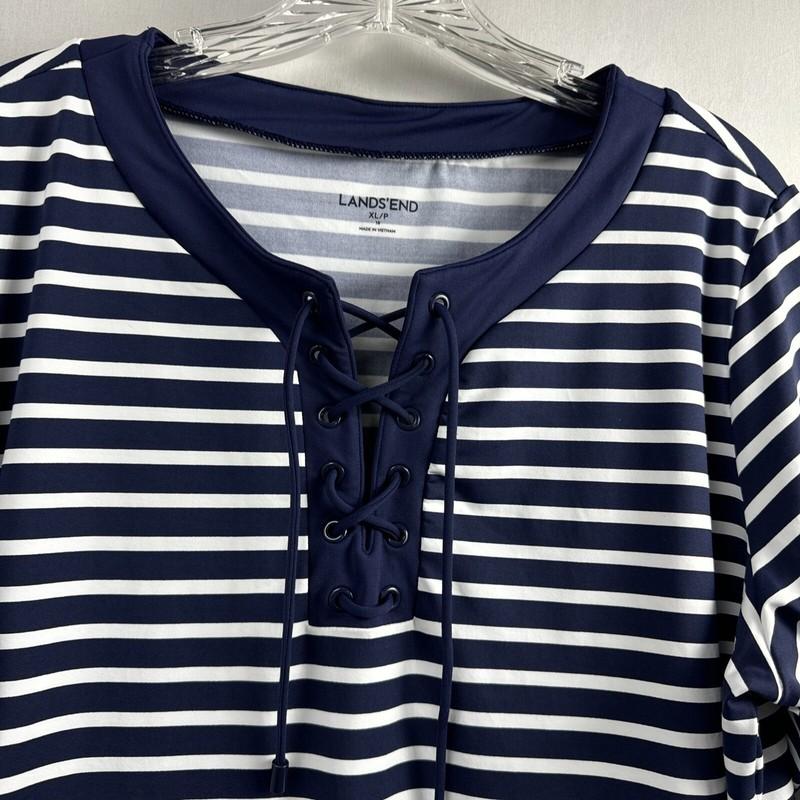 Lands End Dress Women's Shift Navy White Striped Lace Up Nautical Size XL Petite