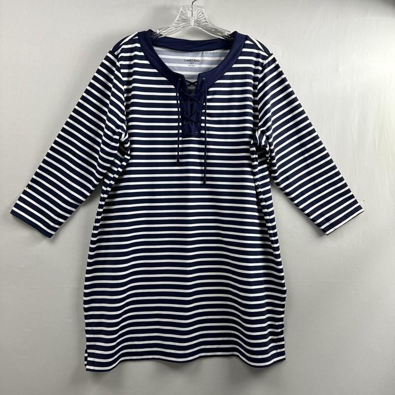 Lands End Dress Women's Shift Navy White Striped Lace Up Nautical size XL Petite