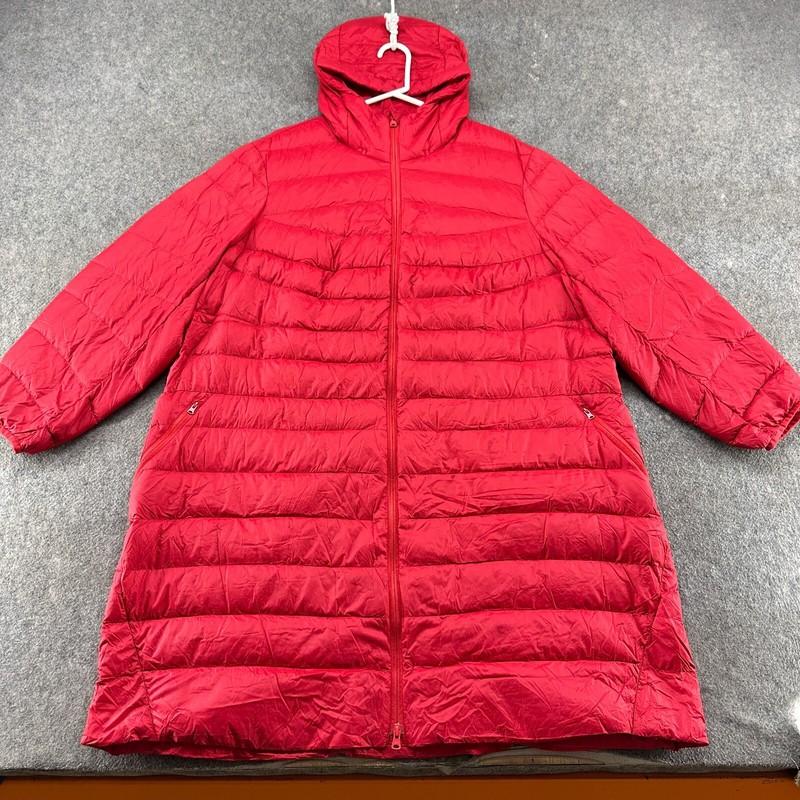 Lands End Jacket Women 3X Red Hooded Full Zip Puffer Quilted Down Long Nylon