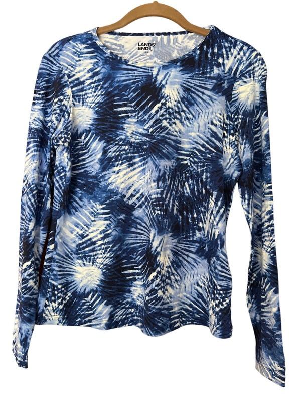 Lands End NEW Medium Navy Blue Tie Dye Long Sleeve Swim Tee Rash Guard UPF50