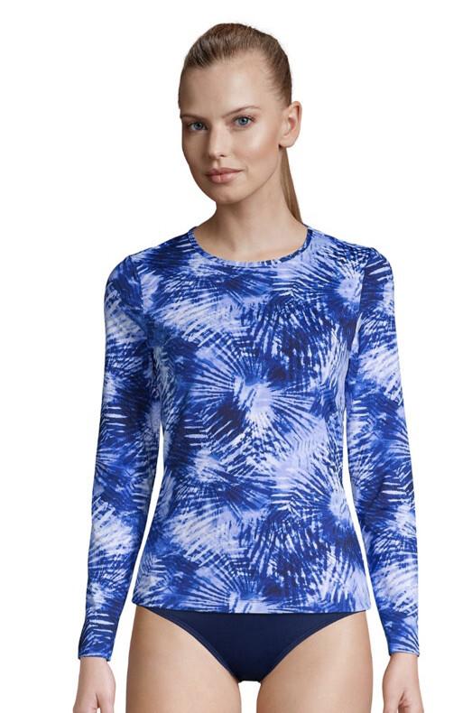 Lands End NEW Small 6-8 Blue Tie Dye Long Sleeve Neck Swim Tee Rash Guard UPF50