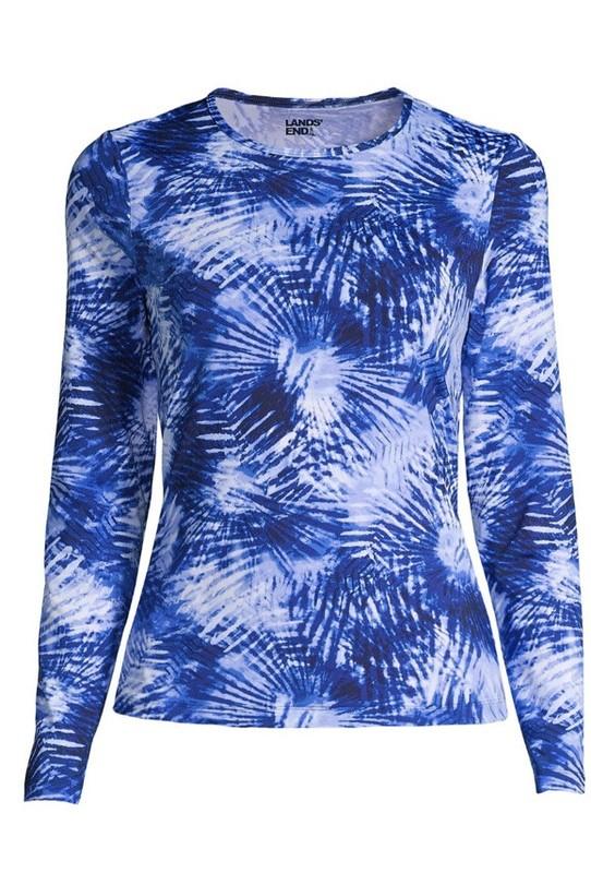 Lands End NEW Small 6-8 Blue Tie Dye Long Sleeve Neck Swim Tee Rash Guard UPF50