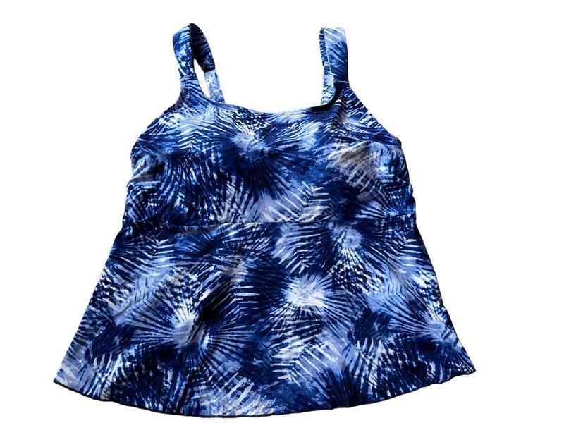Lands End NEW XL Swim Tankini Top Blue Tie Dye Scoop Neck Flutter UPF50