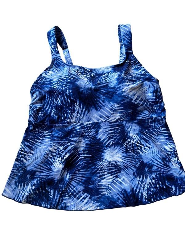 Lands End NEW XL Swim Tankini Top Blue Tie Dye Scoop Neck Flutter UPF50
