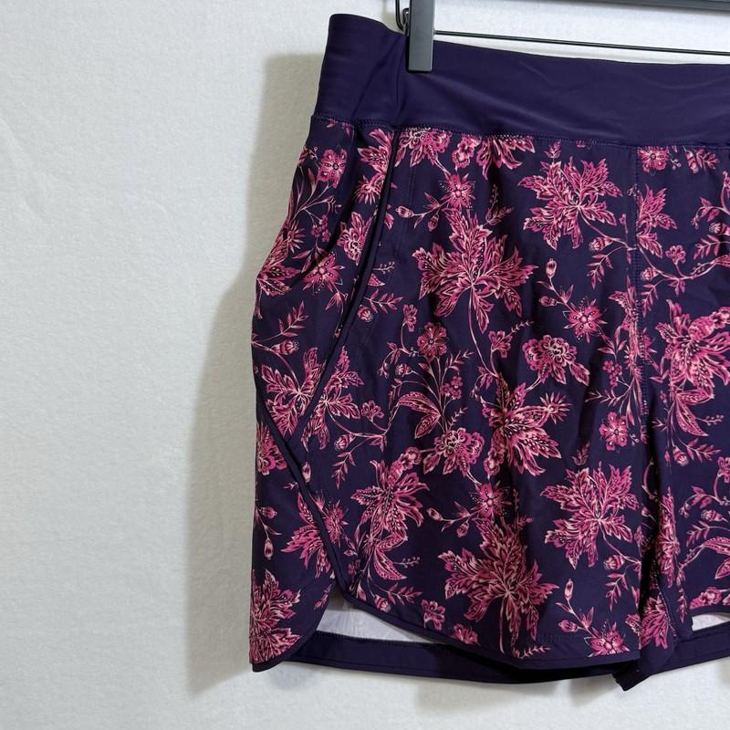 Lands End Quick Dry Purple Floral 5" Swim Shorts Women's 16 Liner Pockets Beach