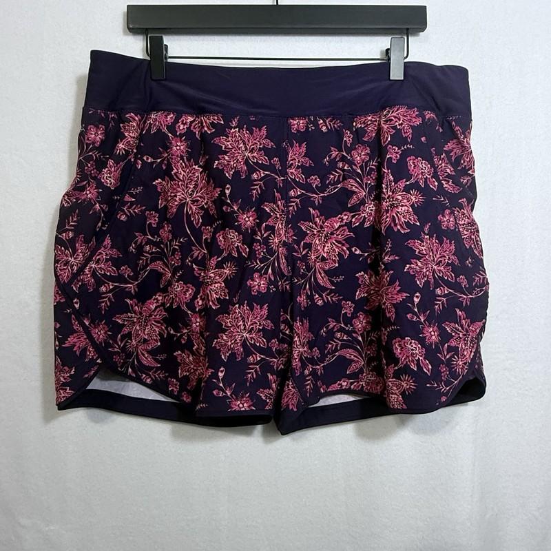 Lands End Quick Dry Purple Floral 5" Swim Shorts Women's 16 Liner Pockets Beach