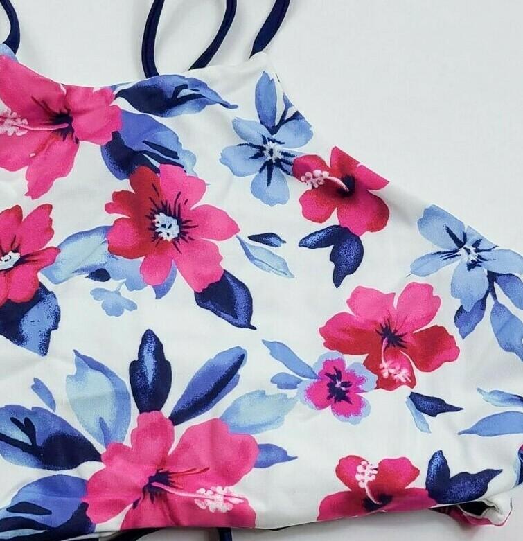 Lands End Swim High Neck Bikini Top Navy Stripe Reversible Floral Strappy Reg M