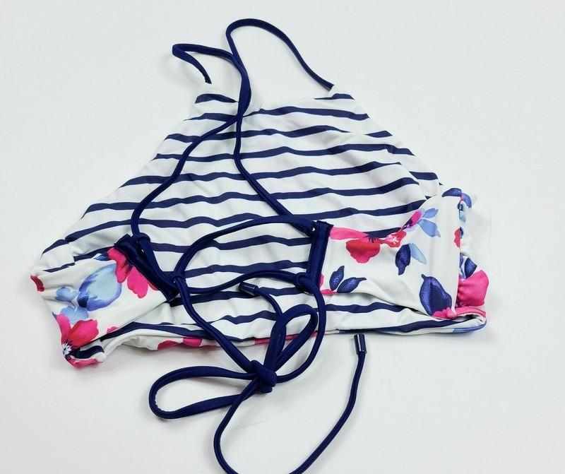 Lands End Swim High Neck Bikini Top Navy Stripe Reversible Floral Strappy Reg M