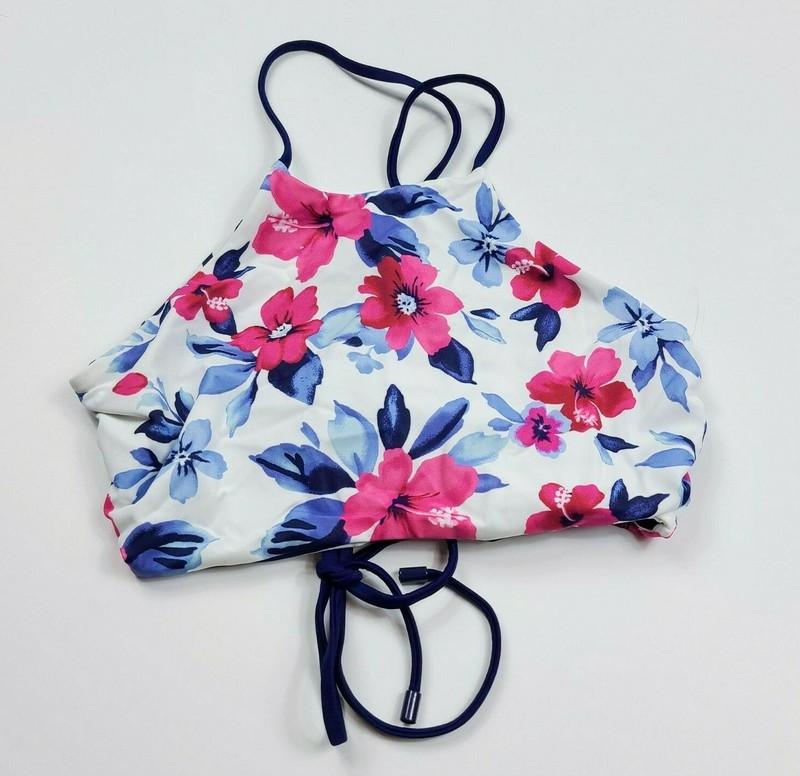 Lands End Swim High Neck Bikini Top Navy Stripe Reversible Floral Strappy reg M