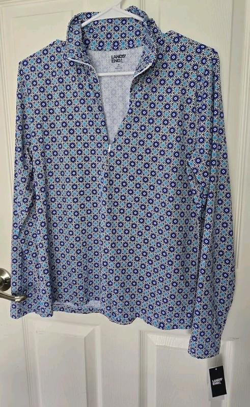 Lands End Swimsuit Top Womens Size M Blue UPF 50 Quarter Zip Rash Guard New