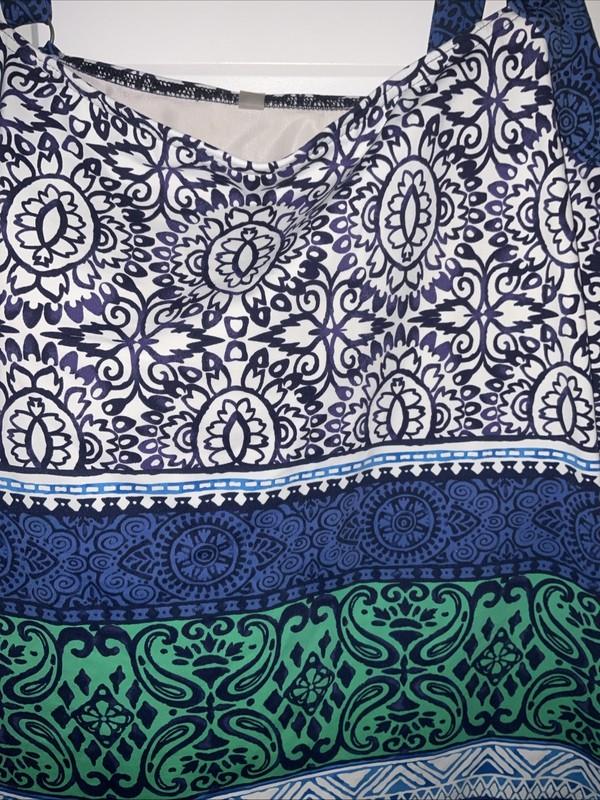 Lands End Tankini Swim Top Size 22W Blue/White/Green Striped Pattern Padded